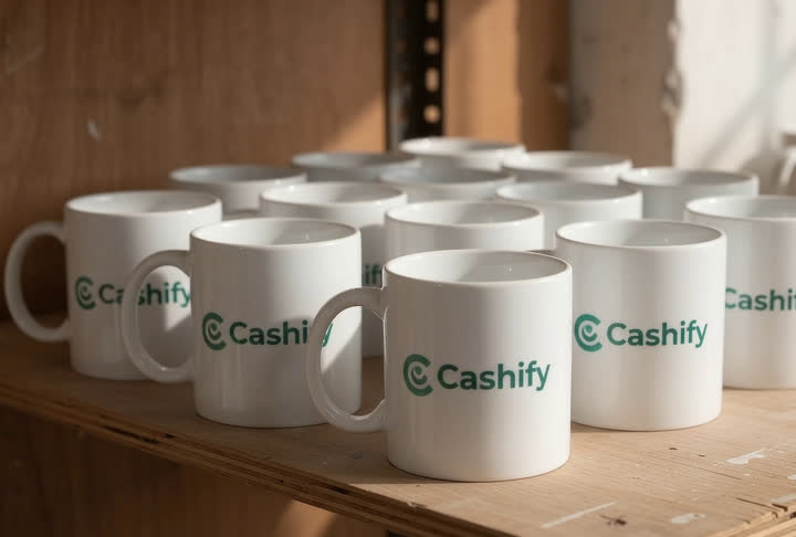 Cashify-branded white mugs on a wooden shelf