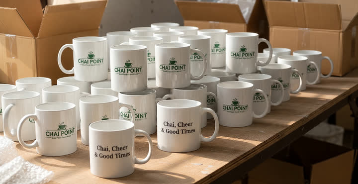 Chai Point-branded mugs laid out on a packing table