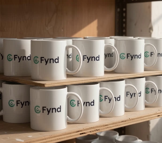 Fynd-branded white mugs stacked on two shelves