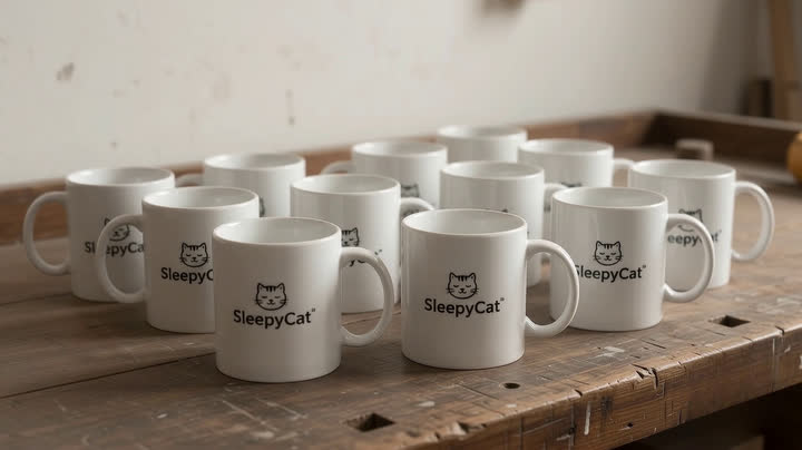 SleepyCat-branded white mugs on a workbench
