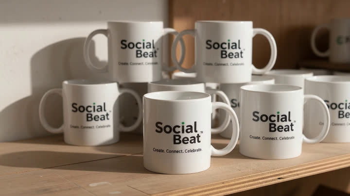 Social Beat-branded white mugs on a shelf